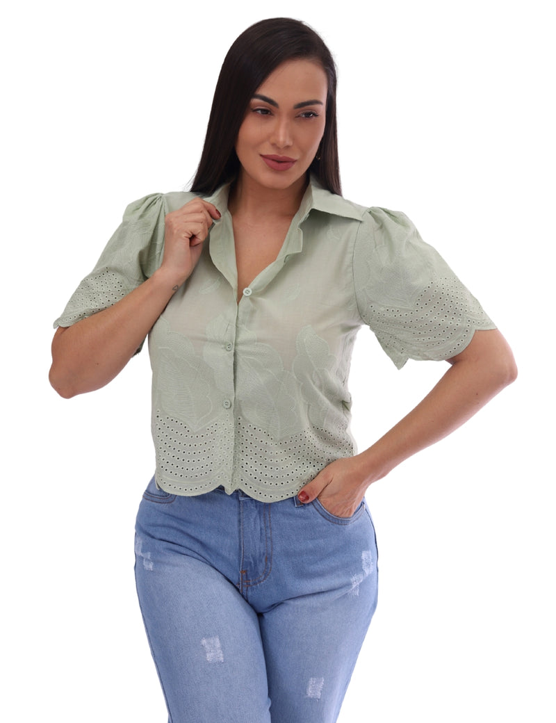 Blusa Feminina Estilo Camisa com Relevo Floral