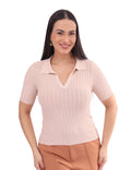 Blusa Feminina Polo Tricot com Textura Canelada e Gola V