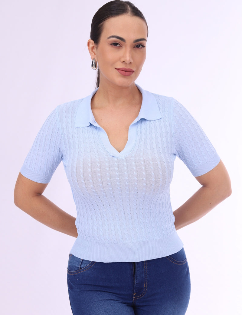 Blusa Feminina Polo Tricot com Textura Canelada e Gola V