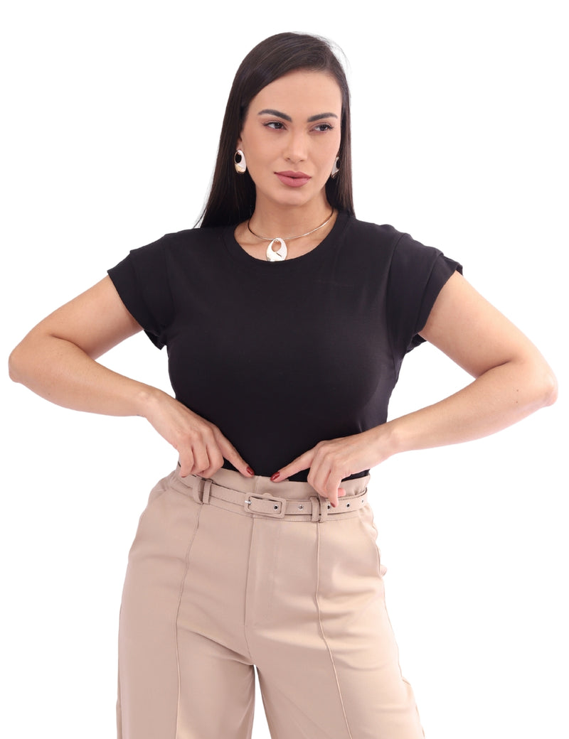 Blusa Feminina Básica com Detalhe Manga Sobreposta