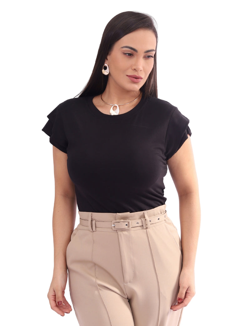 Blusa Feminina Básica com Detalhe Manga Sobreposta