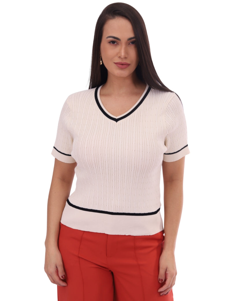 Blusa  Feminina Gola em V Mangas Curtas