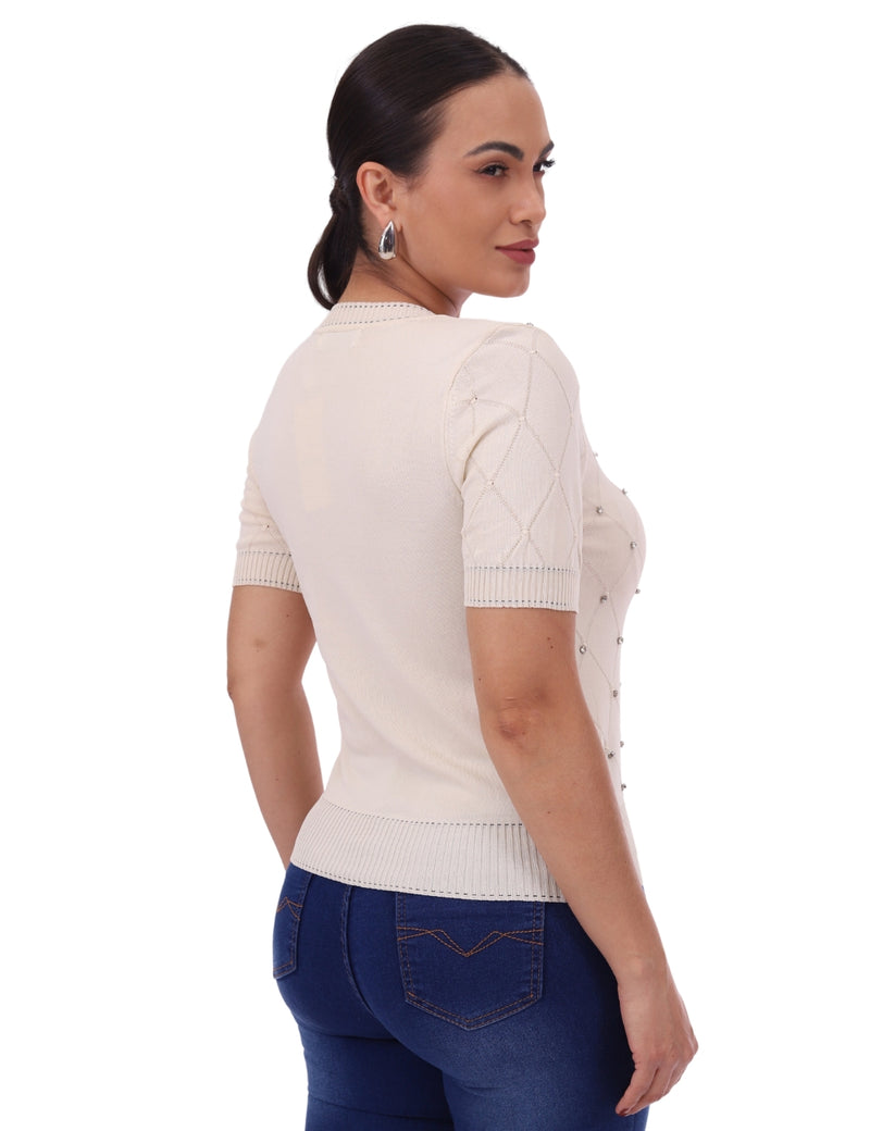 Blusa Feminina em Tricot Linho com Pedrarias