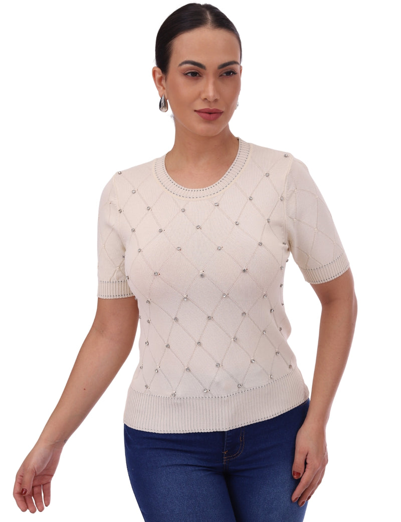 Blusa Feminina em Tricot Linho com Pedrarias