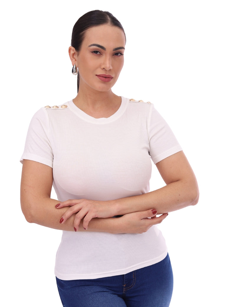 Blusa Feminina Canelada com Botões Dourados no Ombro