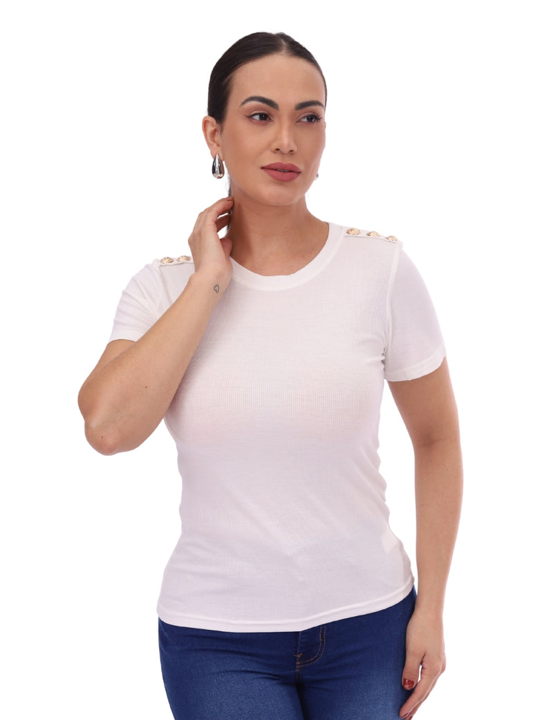 Blusa Feminina Canelada com Botões Dourados no Ombro
