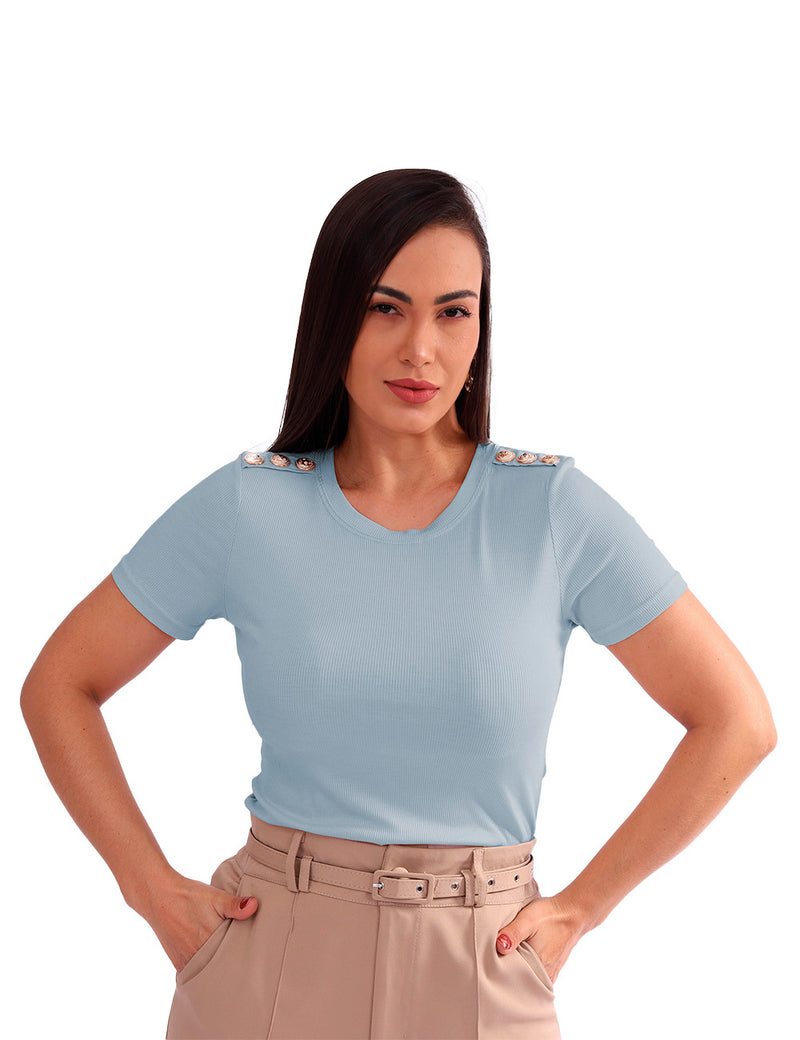 Blusa Feminina Canelada com Botões Dourados no Ombro