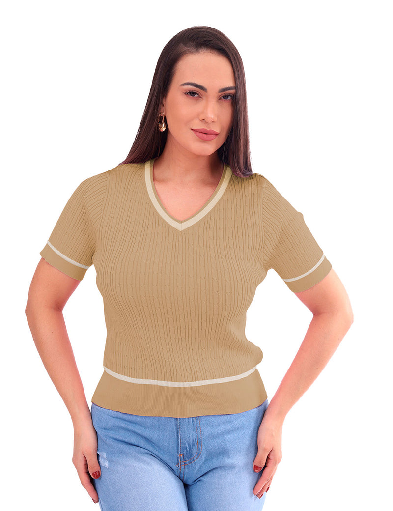 Blusa  Feminina Gola em V Mangas Curtas