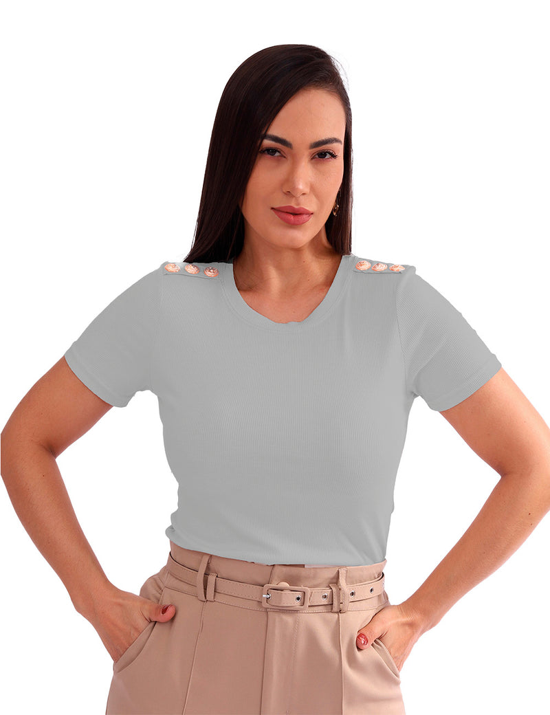 Blusa Feminina Canelada com Botões Dourados no Ombro