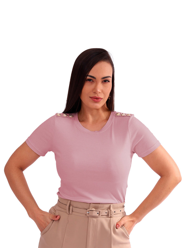 Blusa Feminina Canelada com Botões Dourados no Ombro
