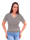 Blusa  Feminina Gola em V Mangas Curtas
