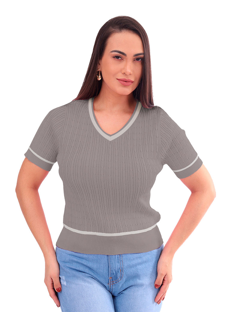 Blusa  Feminina Gola em V Mangas Curtas