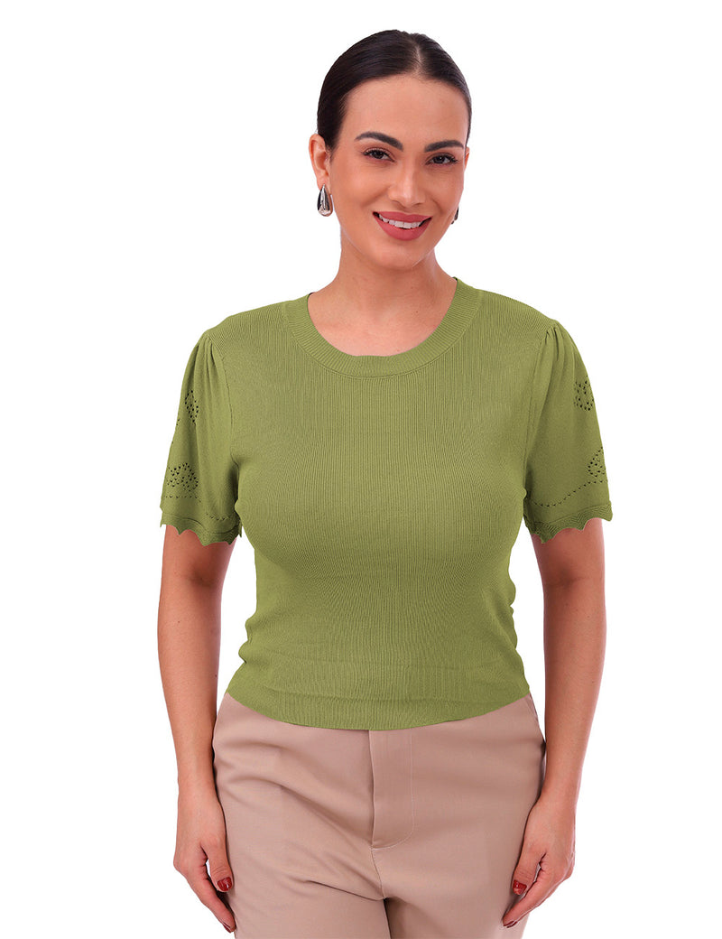 Blusa Feminina em Malha com Manga V Cut e Detalhes Vazados