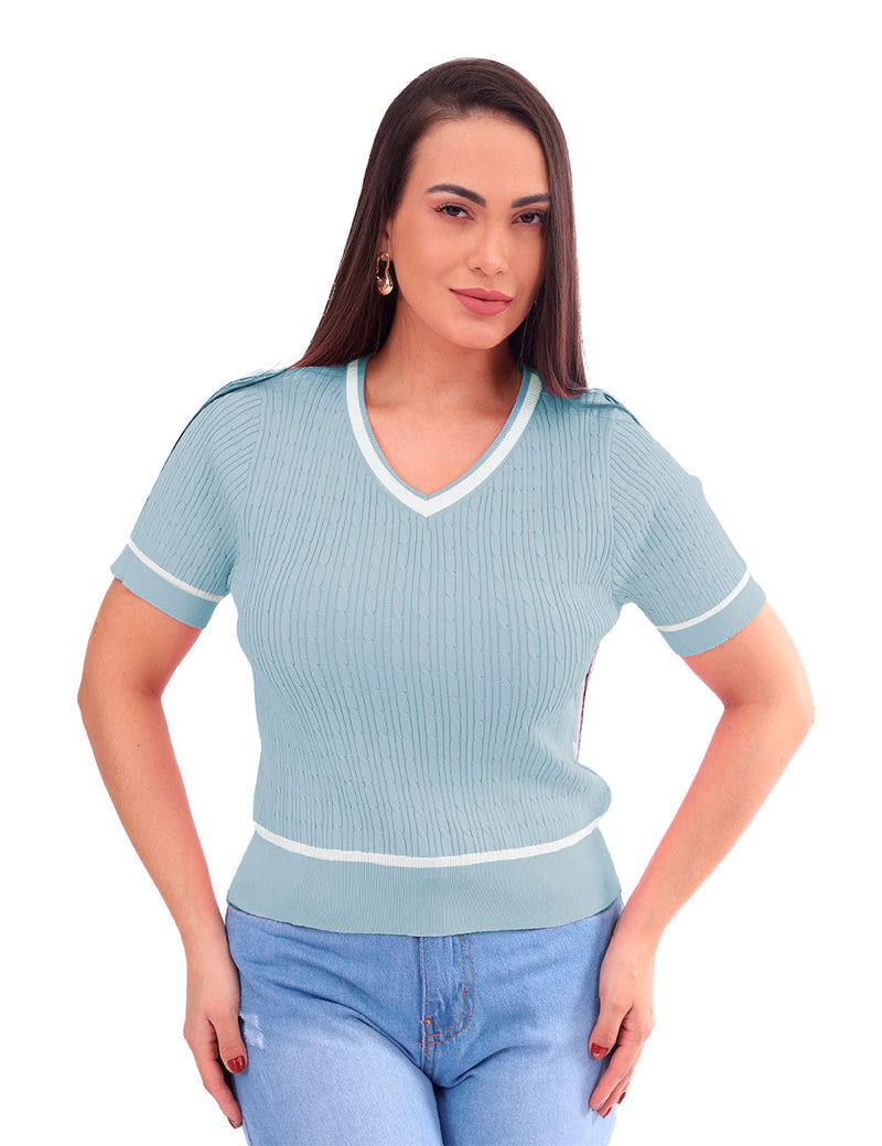 Blusa  Feminina Gola em V Mangas Curtas